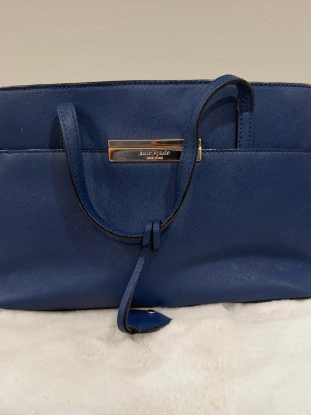 kate spade navy saffiano tote with gold logo plaque